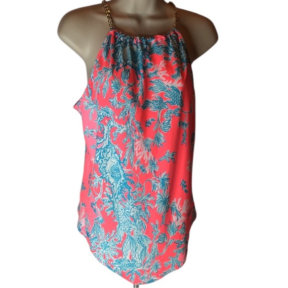NWT Lilly Pulitzer Cabana Halter Top Shelly Bay Coral Spritz Gold Chain Small - Picture 14 of 14